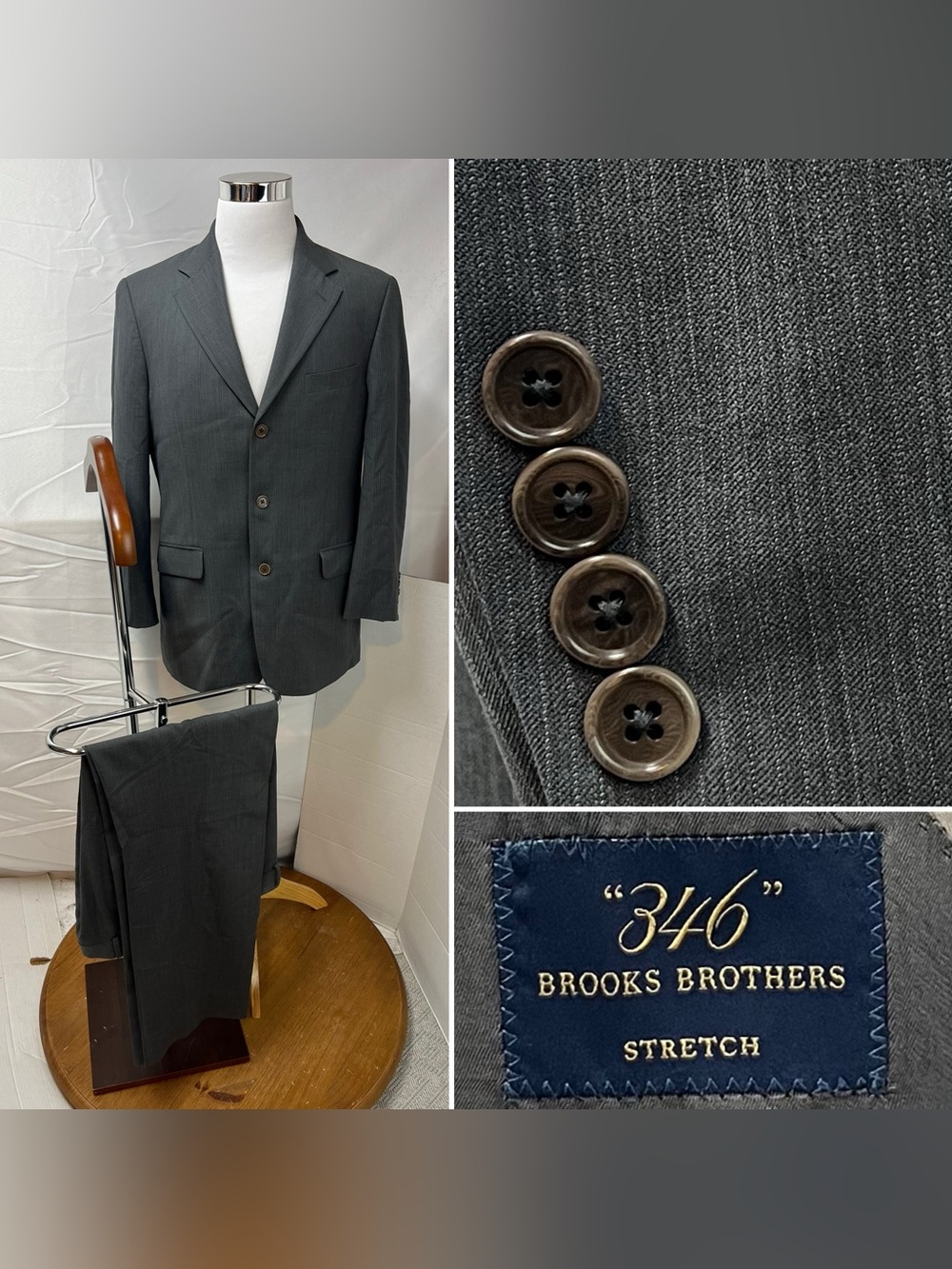 Brooks Brothers Men’s 40R X 35W Gray Wool Stretch Pinstripe Suit
